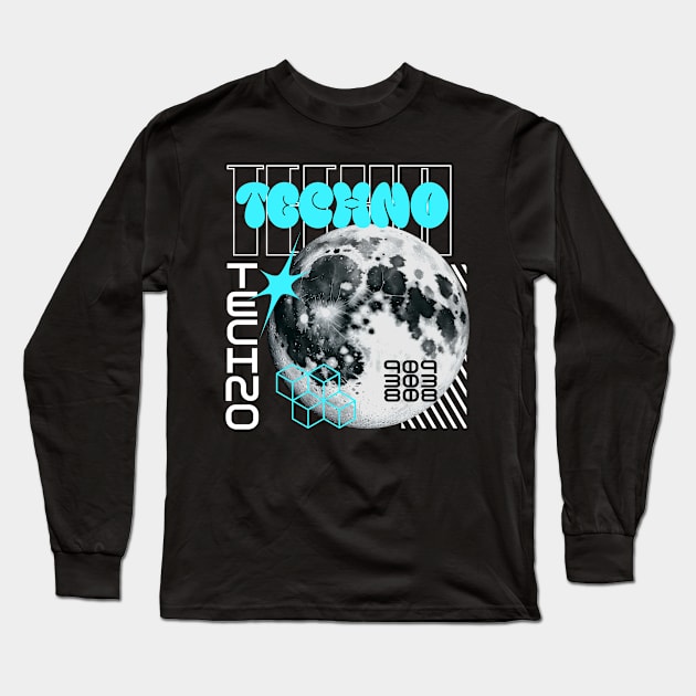 TECHNO  - Y2K Planet (Blue) Long Sleeve T-Shirt by DISCOTHREADZ 